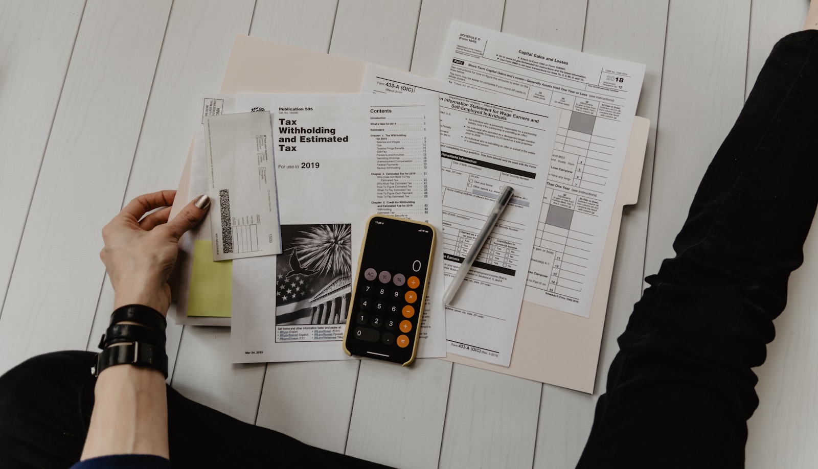 Federal tax forms, a folder and a calculator laid out on a white desk during return preparation