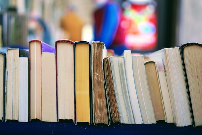 A close row of well-thumbed books stood upright, seen from their page edges.