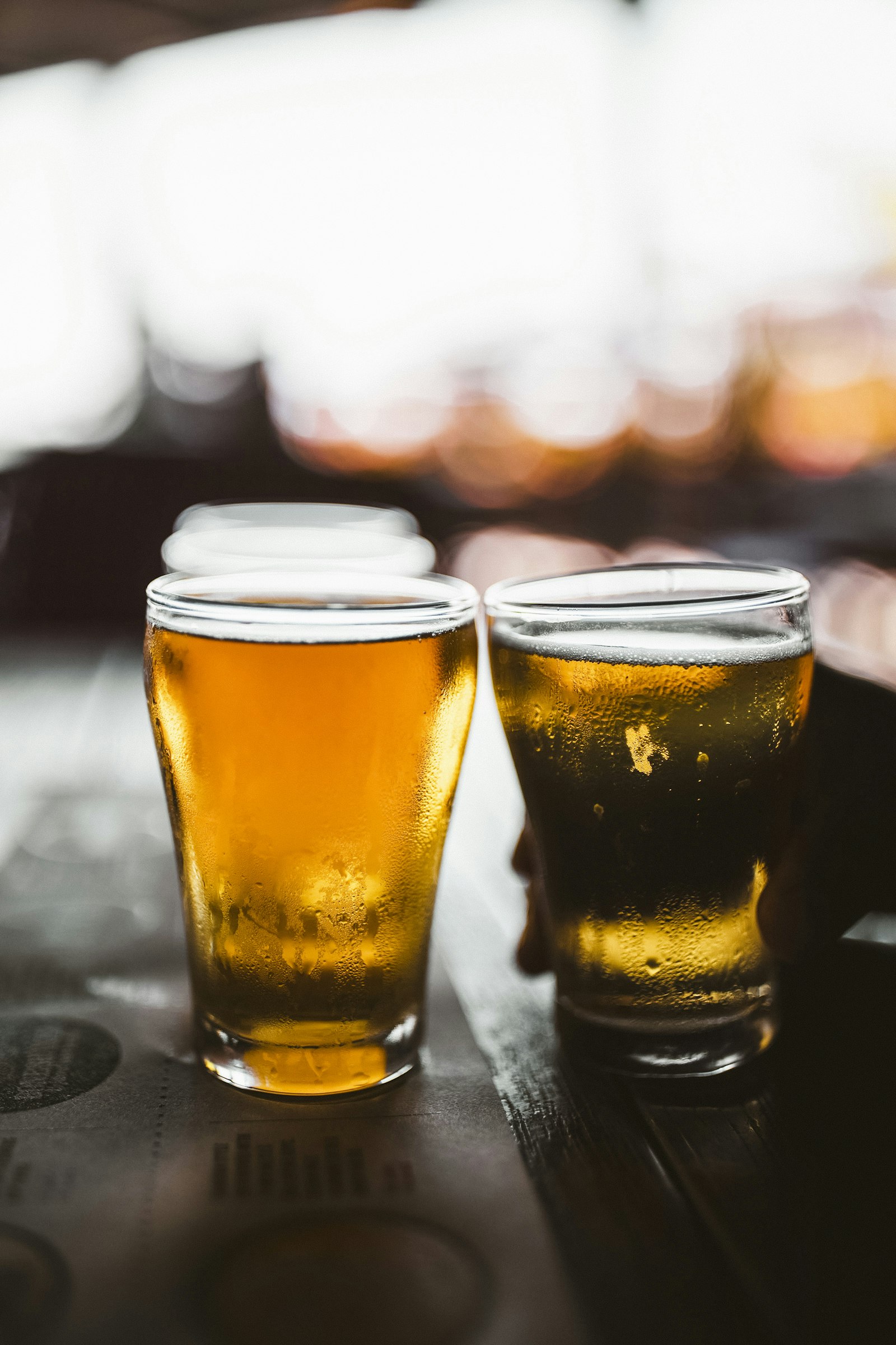 Two cold glasses of Wildpine pale ale backlit on the taproom bar.