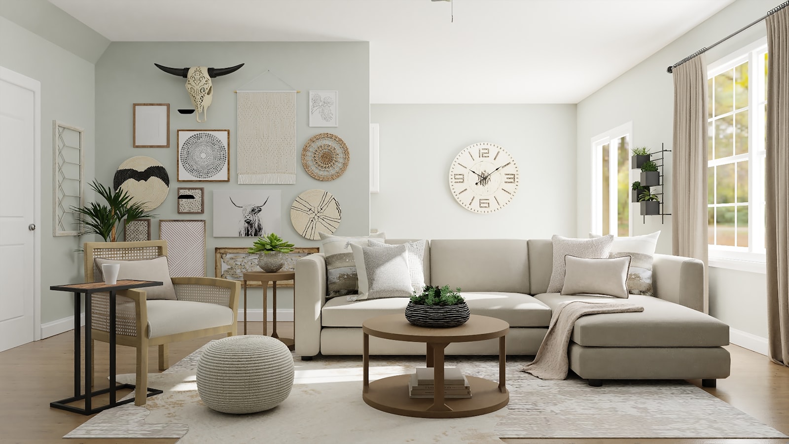 Bright living room with a pale linen sectional sofa, round wooden coffee table and a woven pouffe on a soft rug