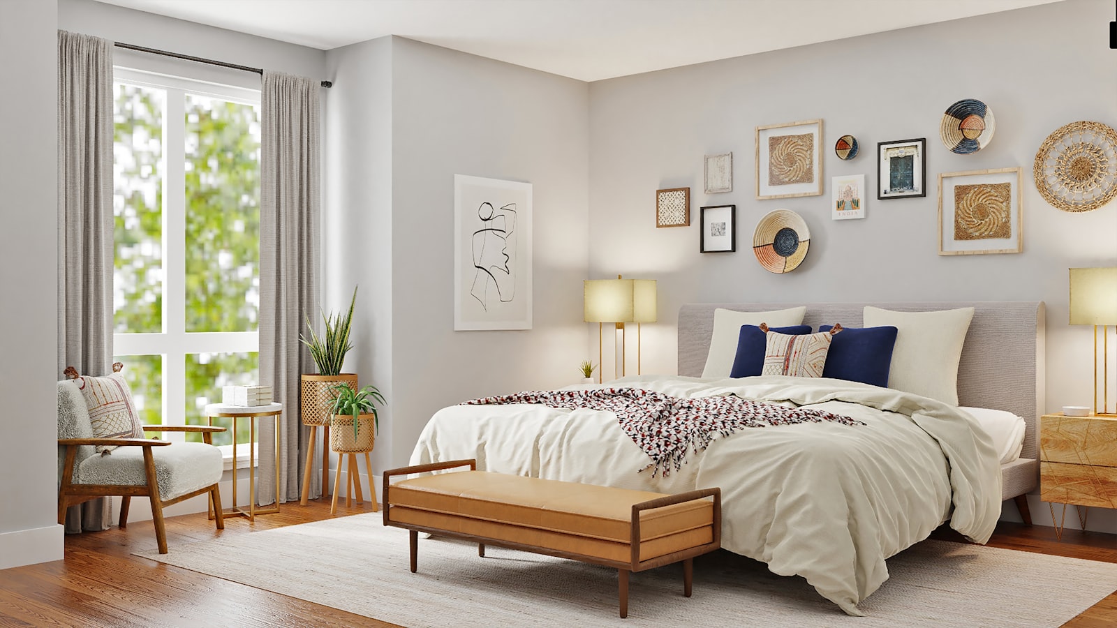 Calm bedroom with an upholstered bed, linen bedding and a walnut bench at the foot of the bed