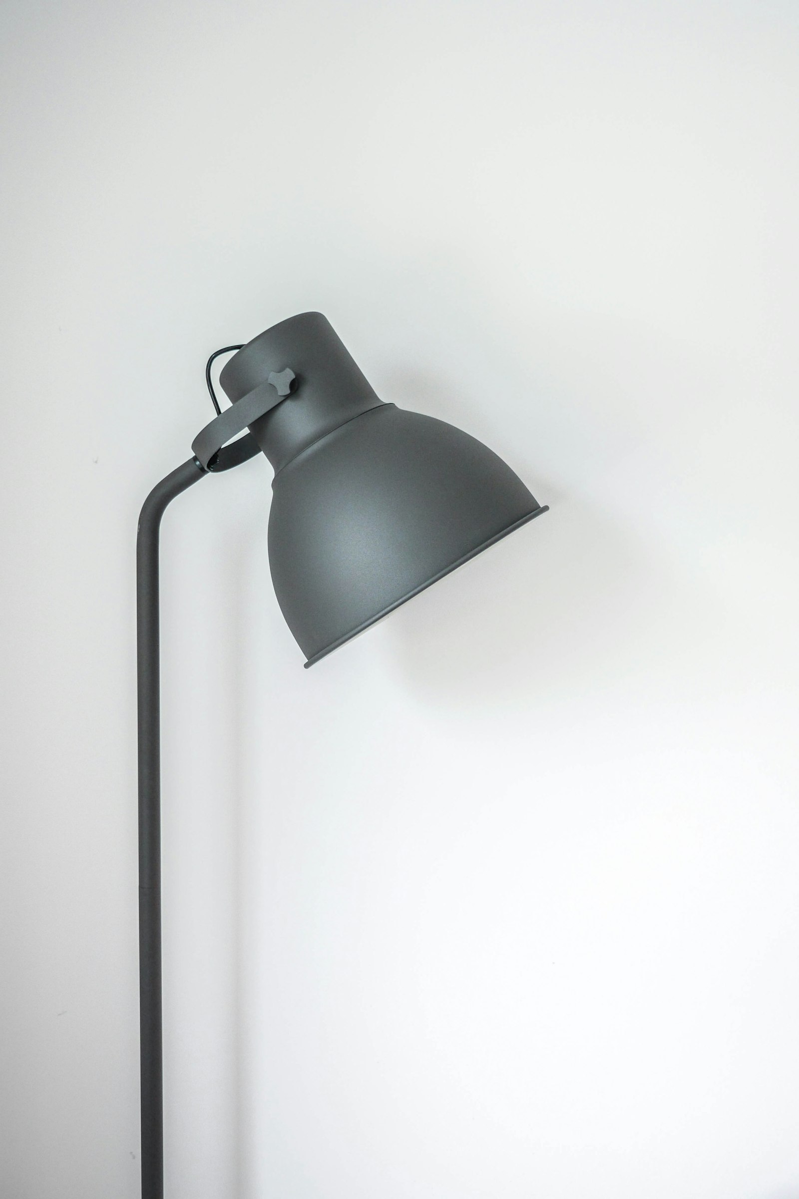 Charcoal grey adjustable reading lamp with a domed shade on a slim stem against a white wall