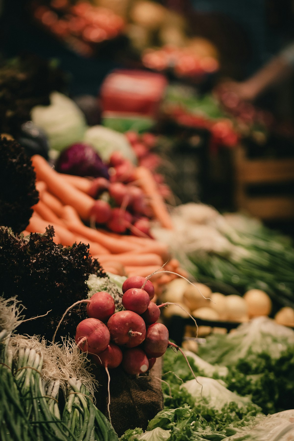 Radishes, carrots, spring onions and leafy greens piled on a market stall at The Larder
