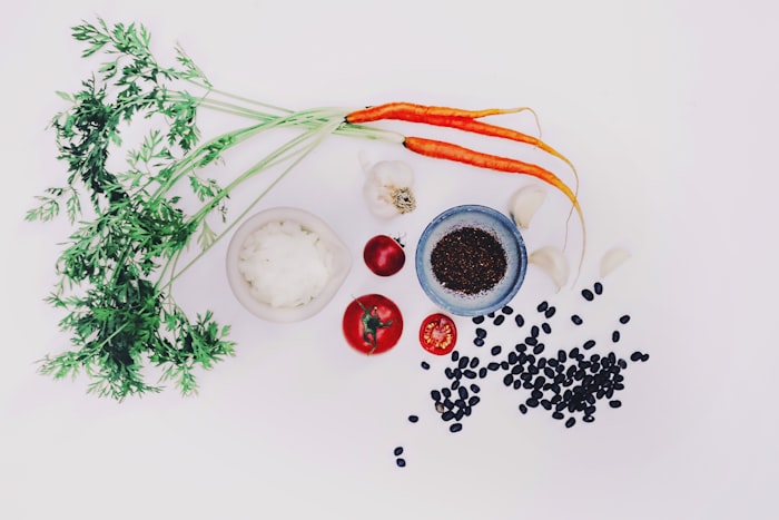 Carrots, garlic, tomato, black beans and peppercorns arranged for a slow-cooked stew