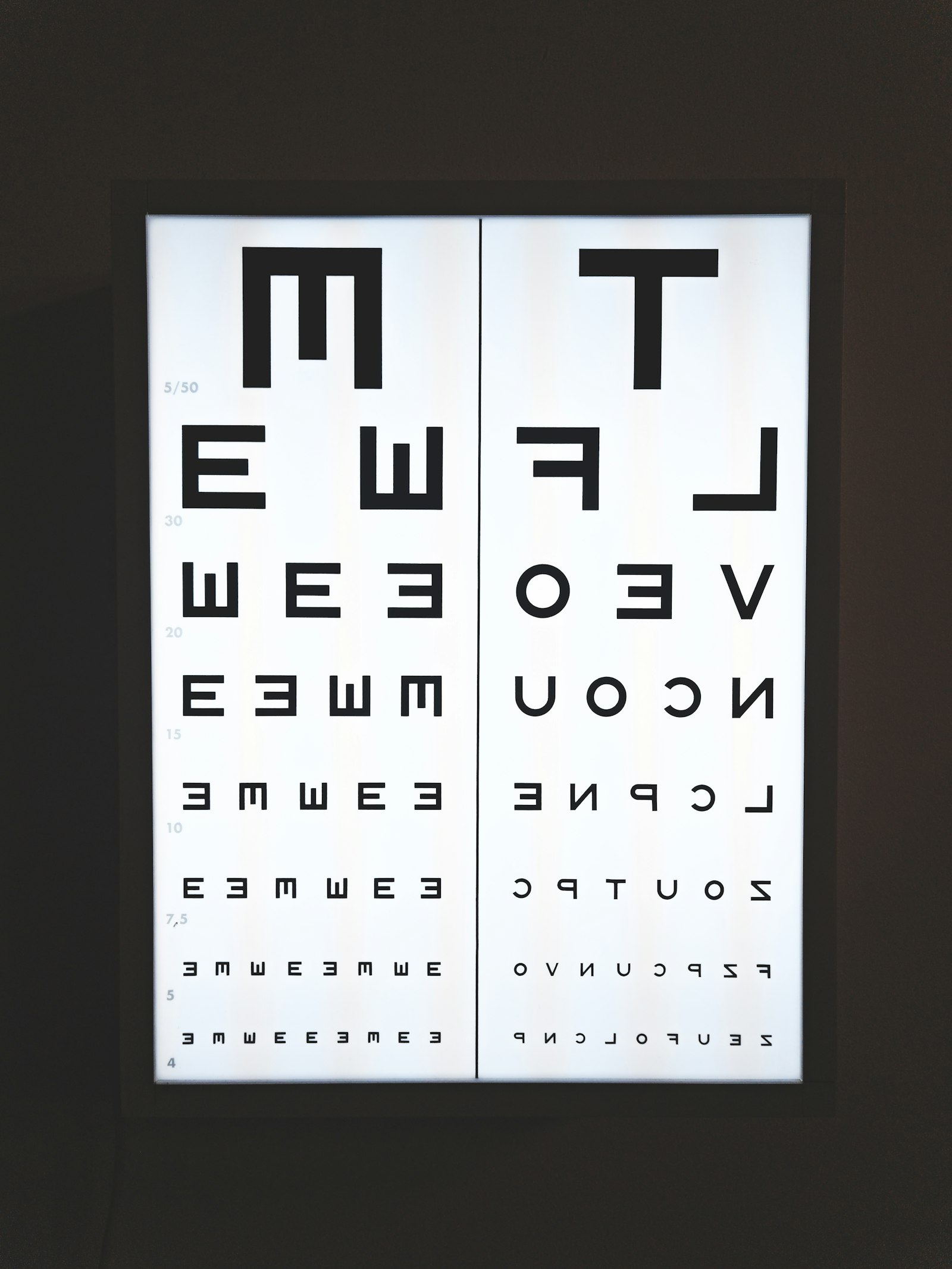 Backlit two-panel letter acuity chart, its rows printed in mirror image, glowing against a dark wall