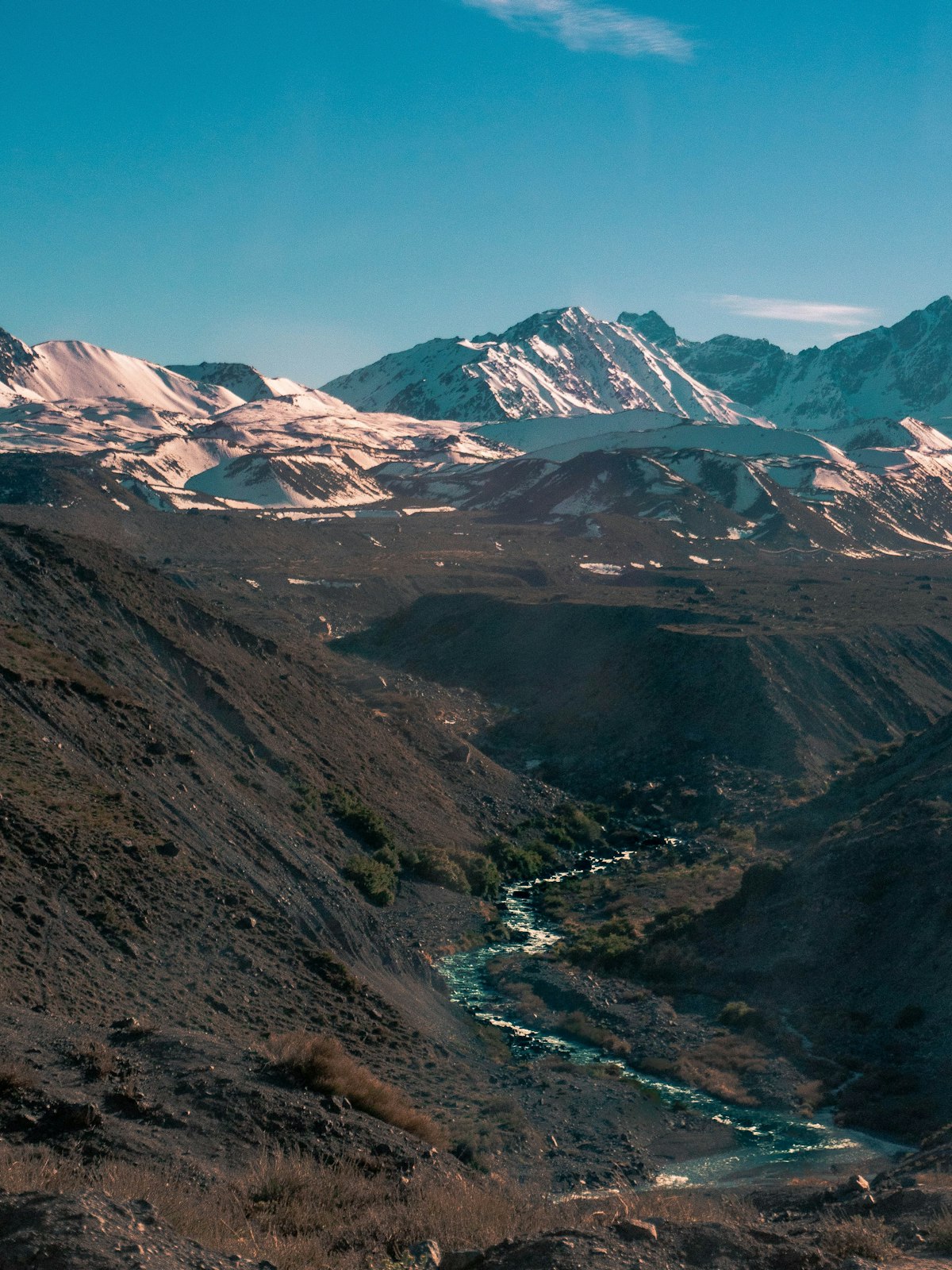 Snow-covered peaks above a river cutting through a steep high-desert canyon