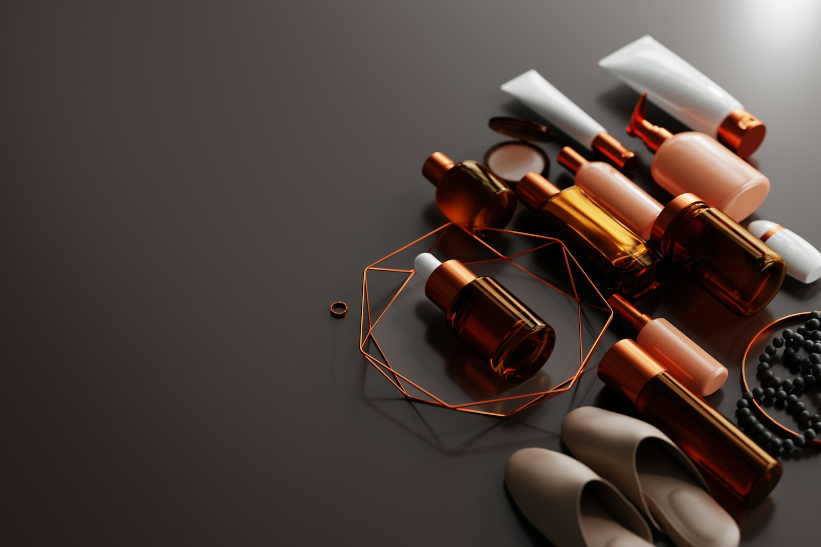 Quiet Barrier Cream tube and amber dropper bottles arranged on a dark reflective surface